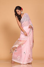 Thumbnail for Morchari Cotton Kota Stripe Embroidery Saree - Pink - Distacart