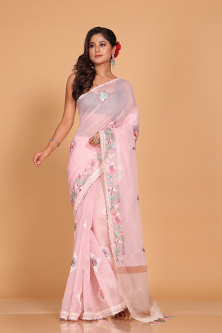 Morchari Cotton Kota Stripe Embroidery Saree - Pink