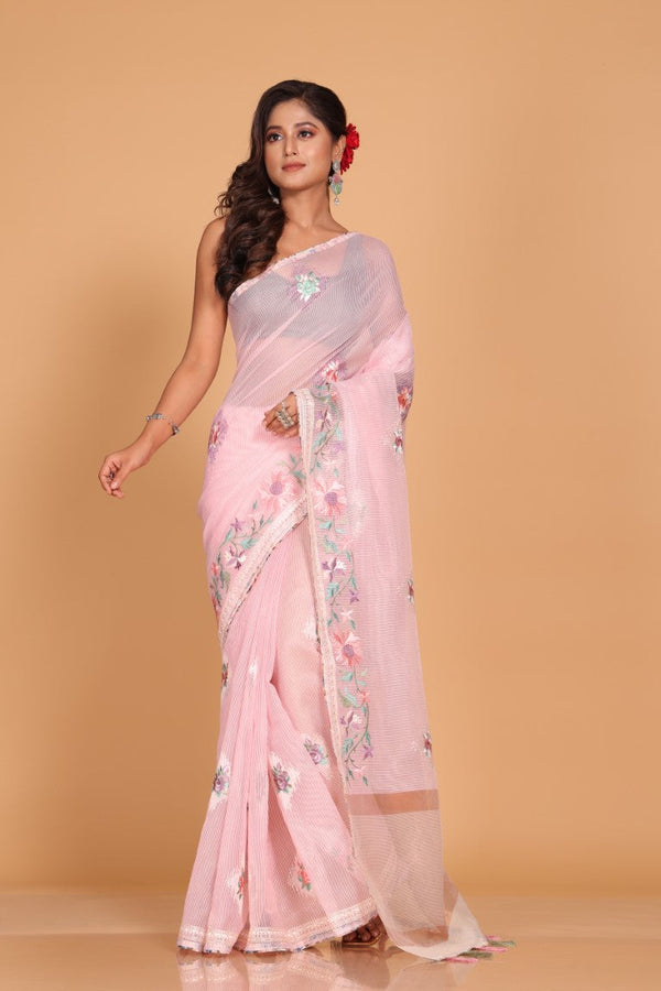 Morchari Cotton Kota Stripe Embroidery Saree - Pink - Distacart
