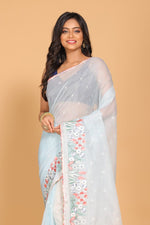 Thumbnail for Morchari Cotton Kota Stripe Embroidery Saree - Sky Blue - Distacart