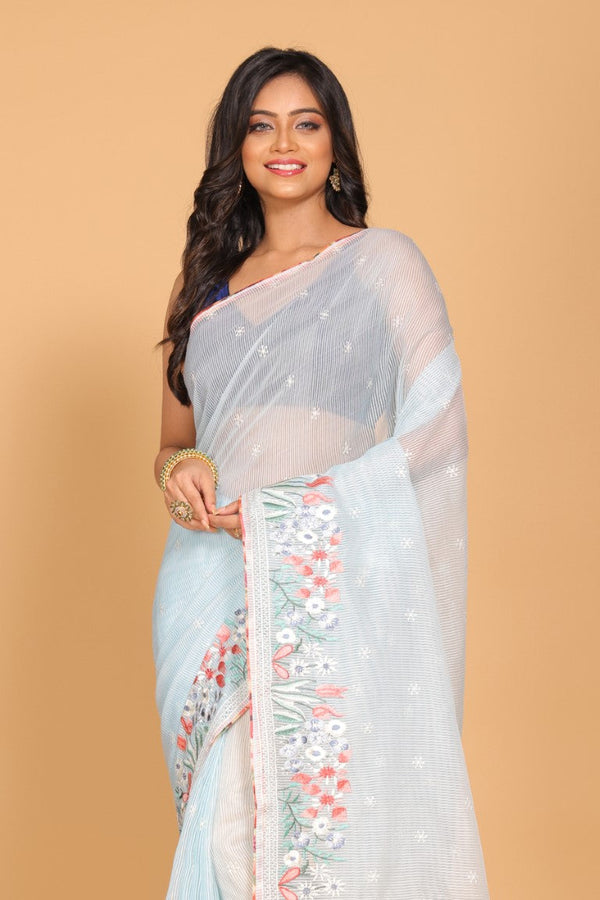Morchari Cotton Kota Stripe Embroidery Saree - Sky Blue - Distacart
