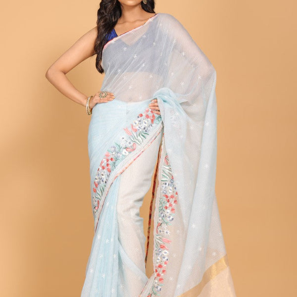 Morchari Cotton Kota Stripe Embroidery Saree - Sky Blue - Distacart