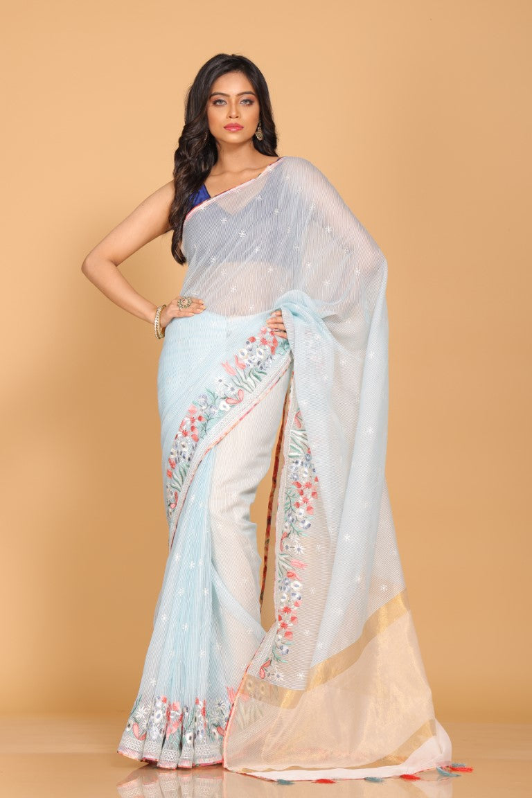 Morchari Cotton Kota Stripe Embroidery Saree - Sky Blue - Distacart