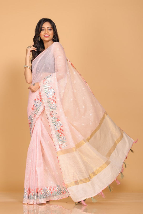 Morchari Cotton Kota Stripe Embroidery Saree - Pink - Distacart