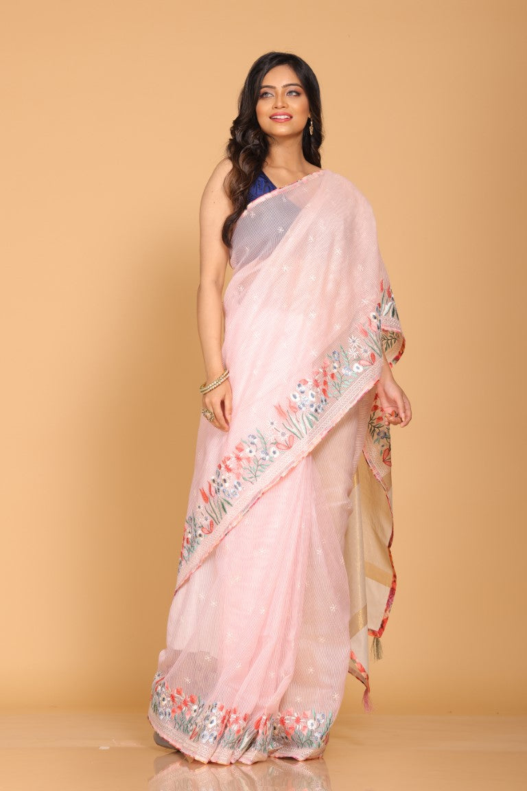 Morchari Cotton Kota Stripe Embroidery Saree - Pink - Distacart