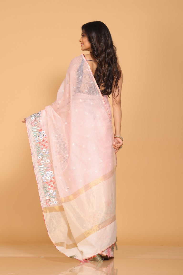 Morchari Cotton Kota Stripe Embroidery Saree - Pink - Distacart