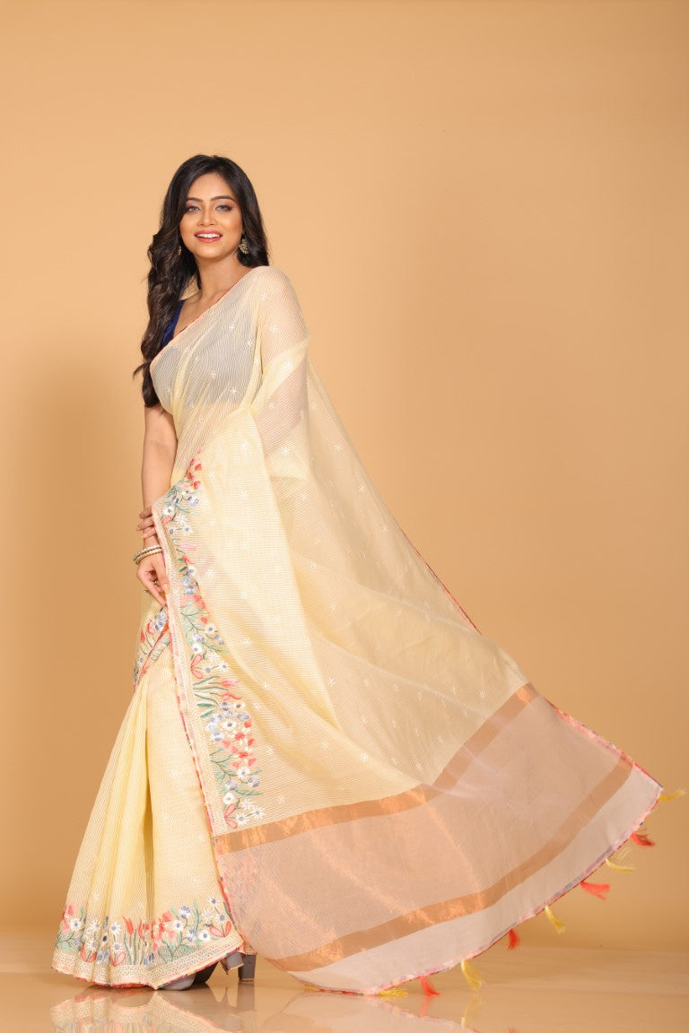 Morchari Cotton Kota Stripe Embroidery Saree - Yellow - Distacart