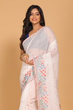 Thumbnail for Morchari Cotton Kota Stripe Embroidery Saree - White - Distacart