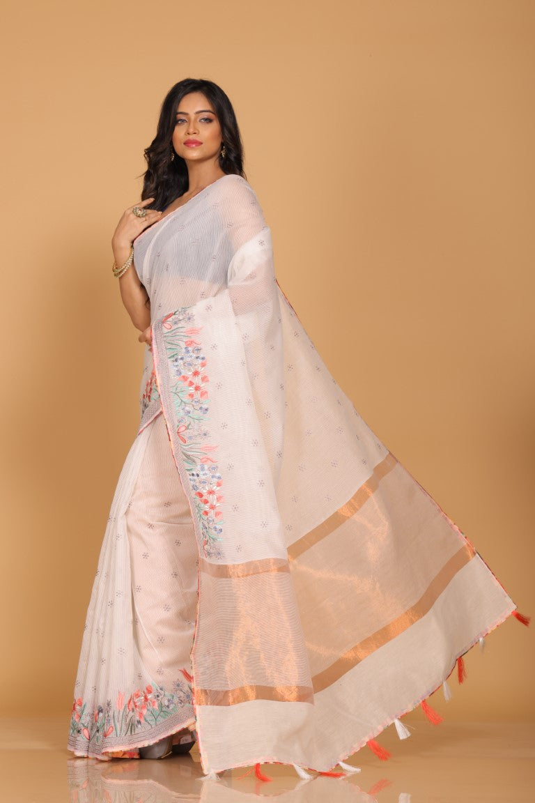 Morchari Cotton Kota Stripe Embroidery Saree - White - Distacart