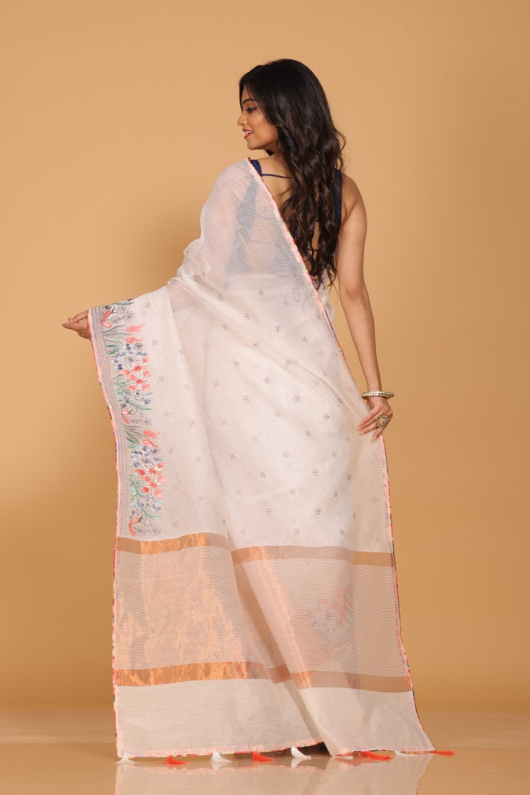 Morchari Cotton Kota Stripe Embroidery Saree - White - Distacart