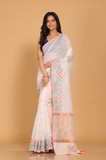 Thumbnail for Morchari Cotton Kota Stripe Embroidery Saree - White - Distacart