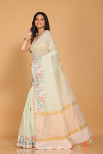 Thumbnail for Morchari Cotton Kota Stripe Embroidery Saree - Sea Green - Distacart