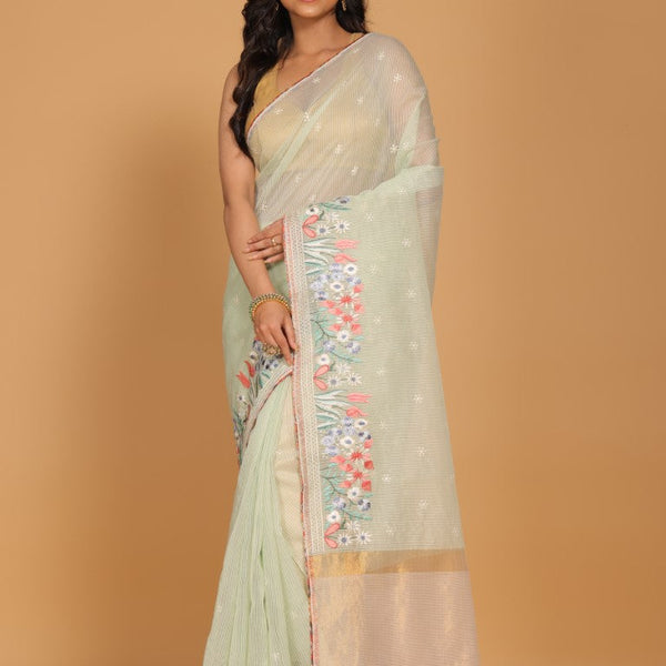 Morchari Cotton Kota Stripe Embroidery Saree - Sea Green - Distacart