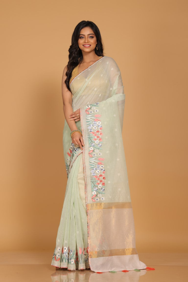 Morchari Cotton Kota Stripe Embroidery Saree - Sea Green - Distacart