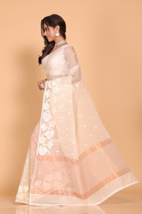 Morchari Orzanga Stripe Embroidery Saree - Beige - Distacart
