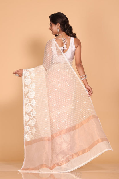 Morchari Orzanga Stripe Embroidery Saree - Beige - Distacart