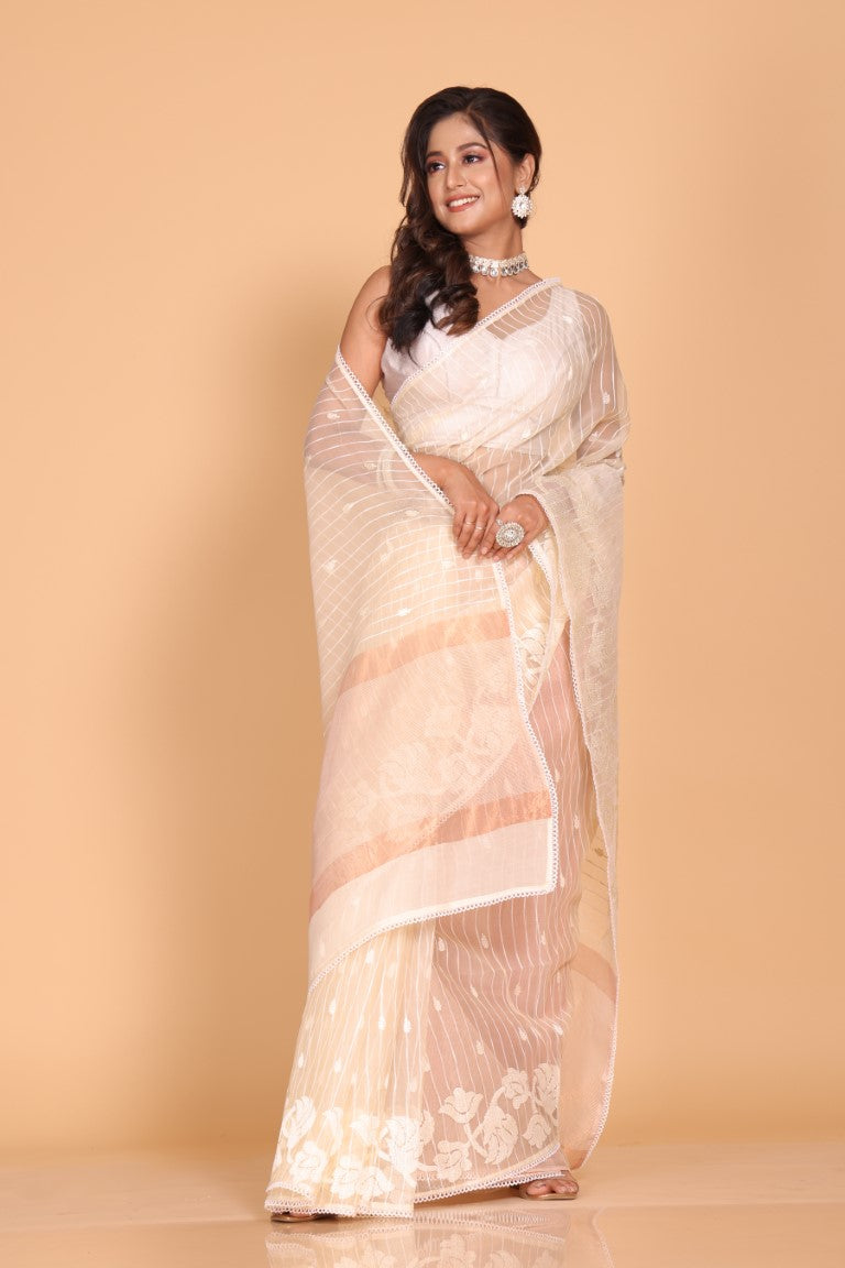 Morchari Orzanga Stripe Embroidery Saree - Beige - Distacart