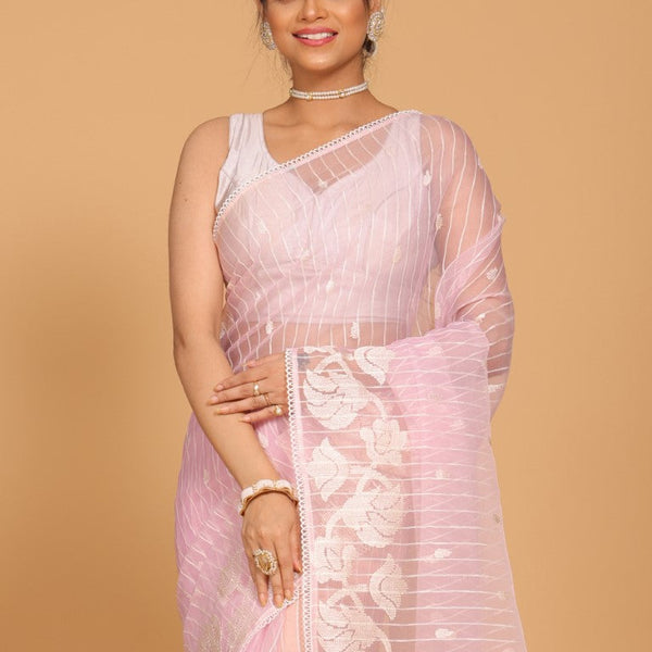 Morchari Orzanga Stripe Embroidery Saree - Light Pink - Distacart