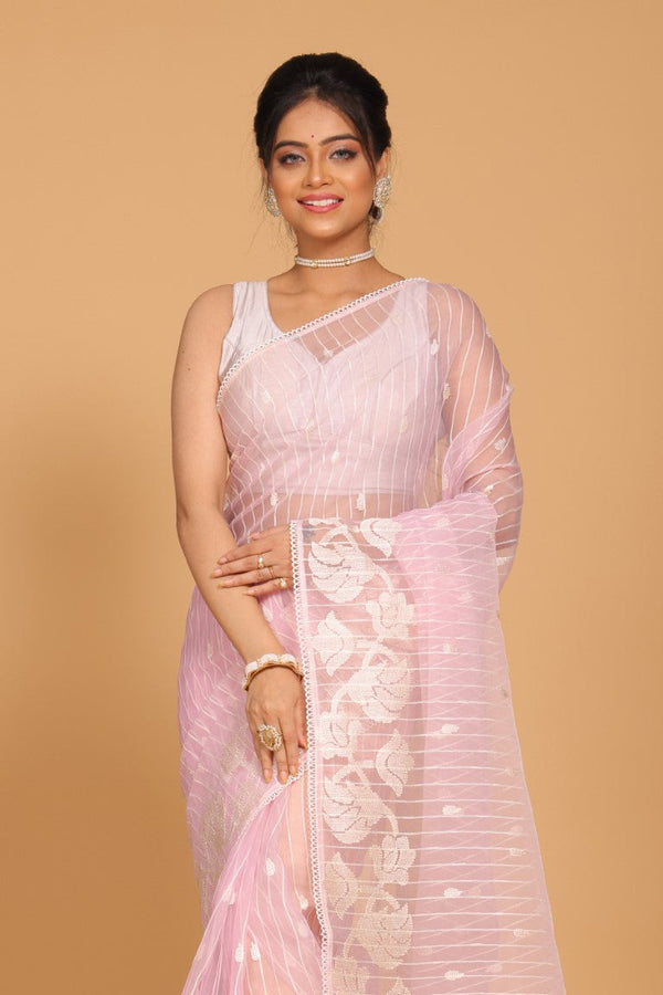 Morchari Orzanga Stripe Embroidery Saree - Light Pink - Distacart