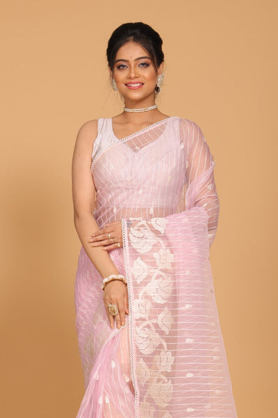 Morchari Orzanga Stripe Embroidery Saree - Light Pink - Distacart