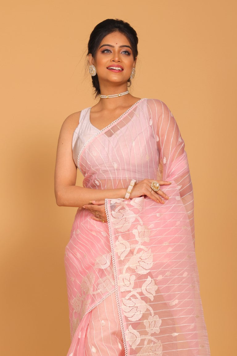 Morchari Orzanga Stripe Embroidery Saree - Pink - Distacart