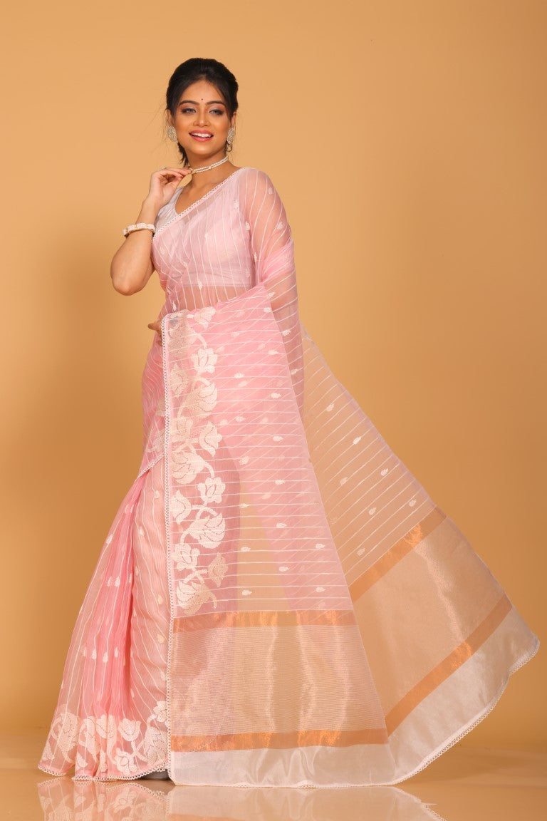 Morchari Orzanga Stripe Embroidery Saree - Pink - Distacart