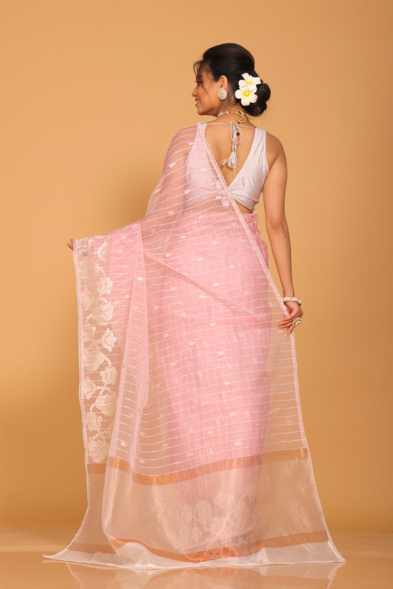 Morchari Orzanga Stripe Embroidery Saree - Pink - Distacart