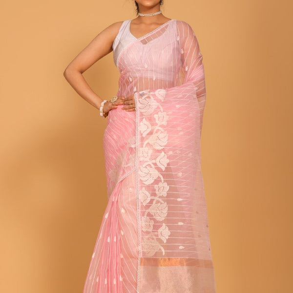 Morchari Orzanga Stripe Embroidery Saree - Pink - Distacart