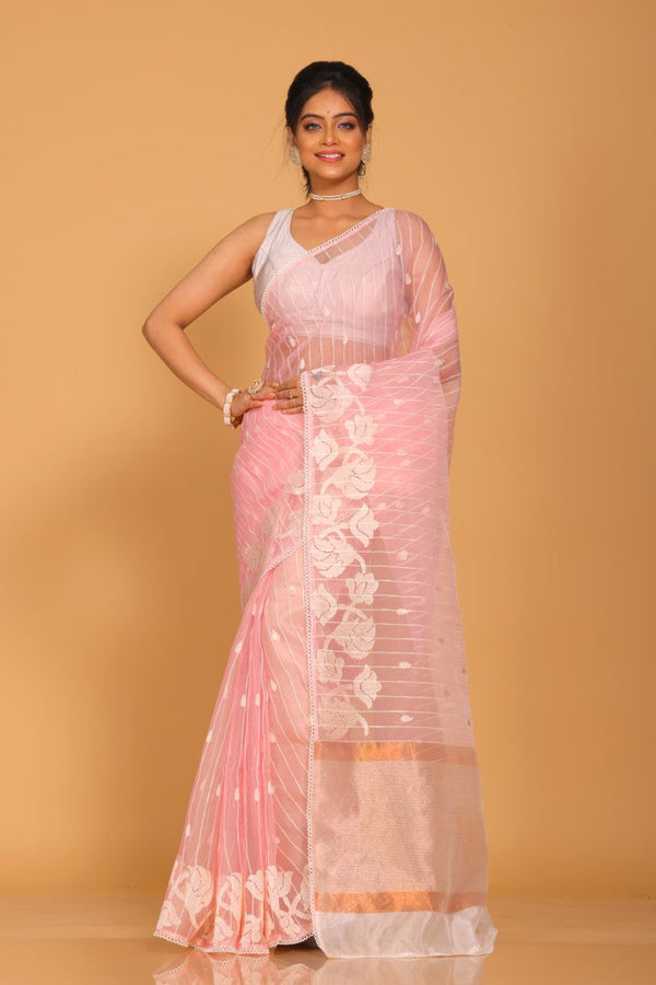 Morchari Orzanga Stripe Embroidery Saree - Pink - Distacart