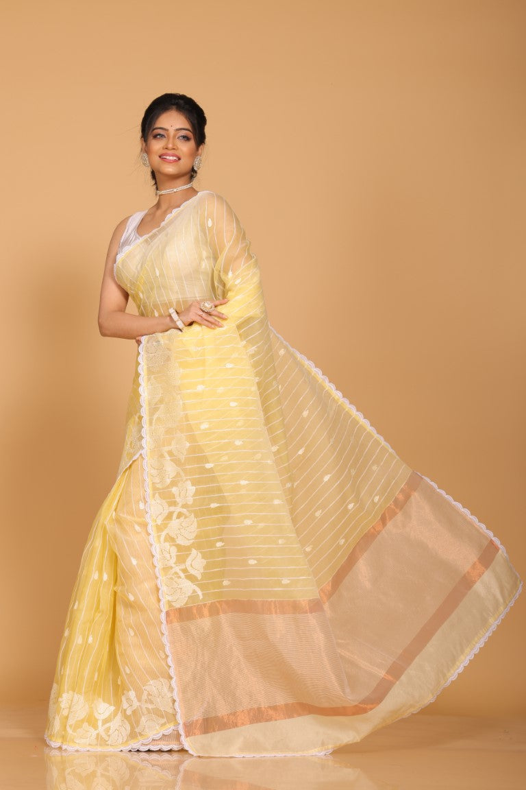 Morchari Orzanga Stripe Embroidery Saree - Yellow - Distacart