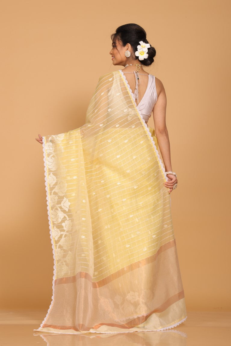 Morchari Orzanga Stripe Embroidery Saree - Yellow - Distacart