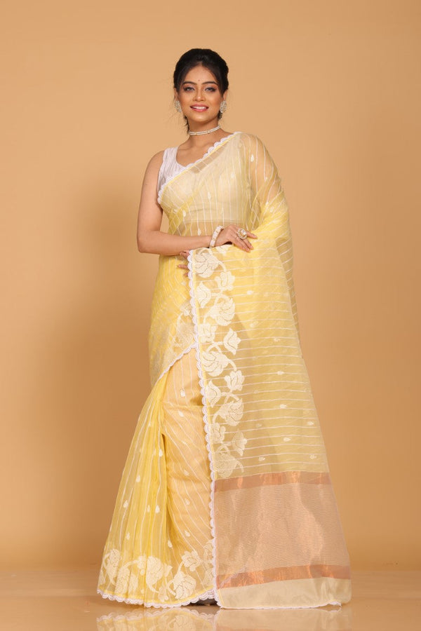 Morchari Orzanga Stripe Embroidery Saree - Yellow - Distacart