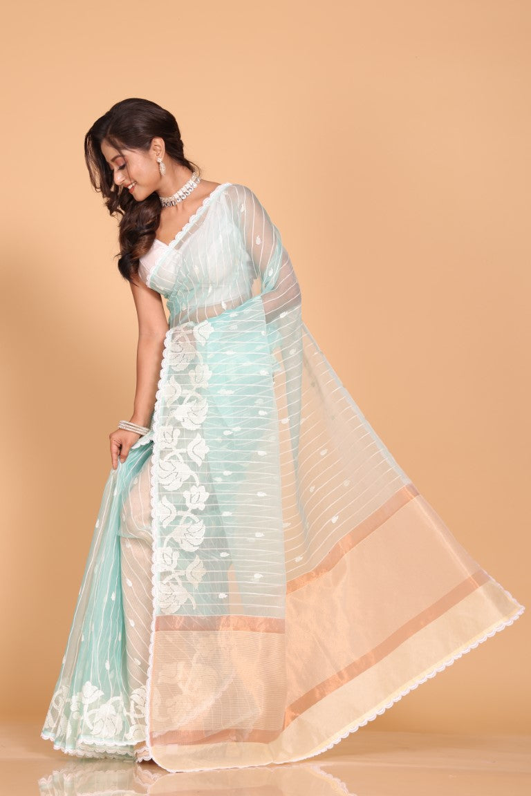 Morchari Orzanga Stripe Embroidery Saree - Sky Blue - Distacart