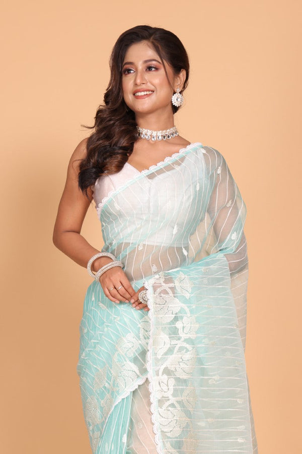 Morchari Orzanga Stripe Embroidery Saree - Sky Blue - Distacart