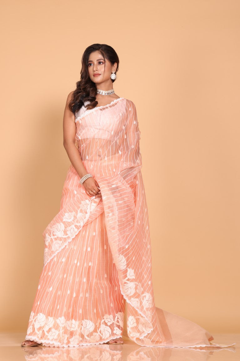 Morchari Orzanga Stripe Embroidery Saree - Peach - Distacart