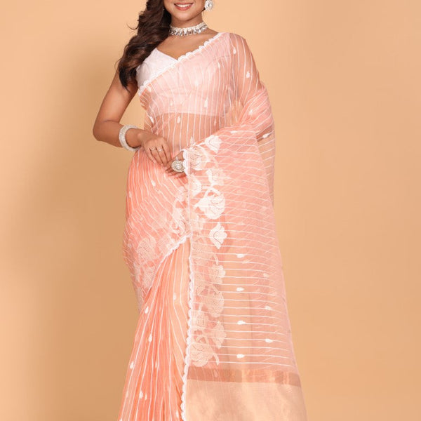 Morchari Orzanga Stripe Embroidery Saree - Peach - Distacart