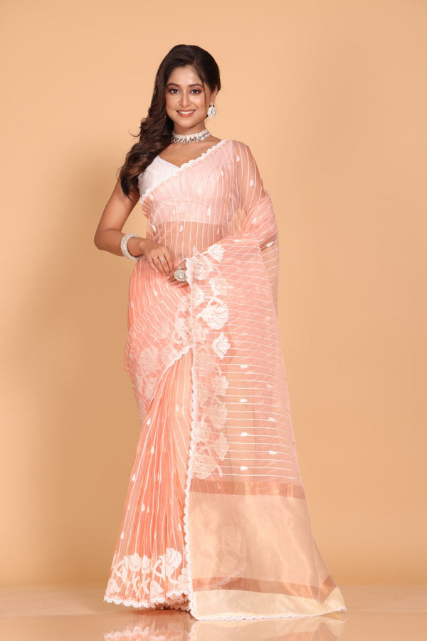 Morchari Orzanga Stripe Embroidery Saree - Peach - Distacart
