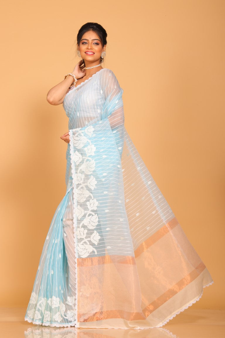 Morchari Orzanga Stripe Embroidery Saree - Green - Distacart