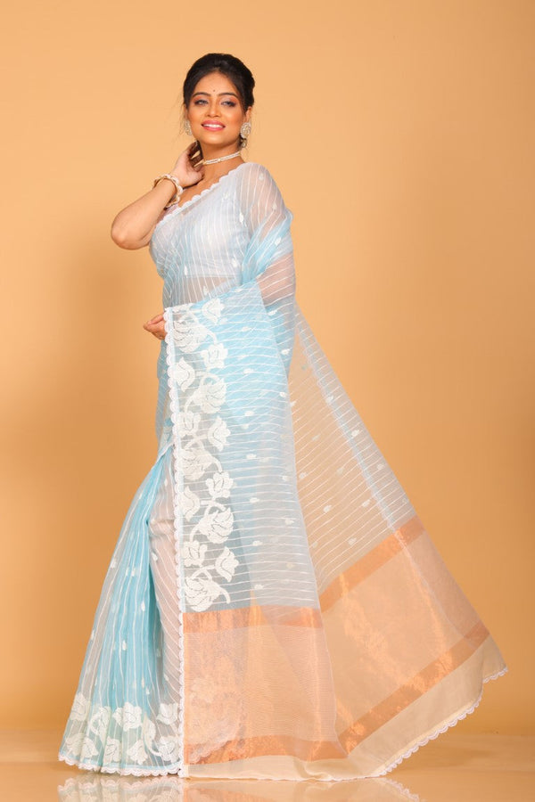 Morchari Orzanga Stripe Embroidery Saree - Green - Distacart