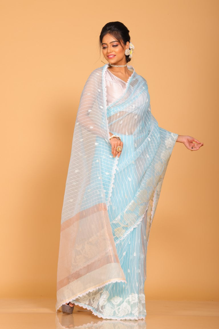 Morchari Orzanga Stripe Embroidery Saree - Green - Distacart