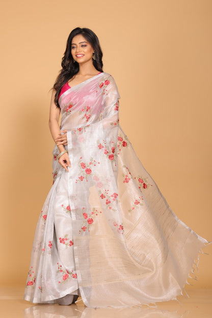 Morchari Kota Silver Zari Tissue Embroidery Saree - Sliver - Distacart