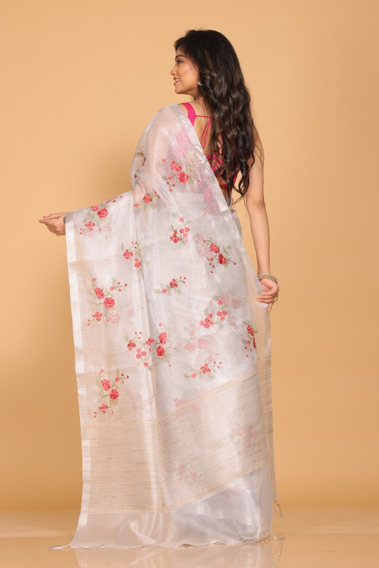 Morchari Kota Silver Zari Tissue Embroidery Saree - Sliver - Distacart