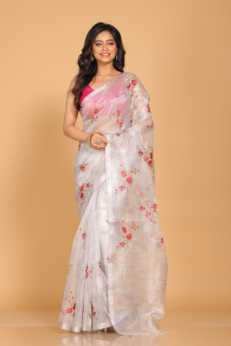 Morchari Kota Silver Zari Tissue Embroidery Saree - Sliver - Distacart