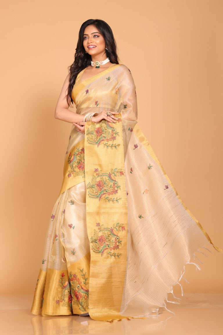 Morchari Kota Gold Zari Tissue Embroidery Saree - Gold - Distacart