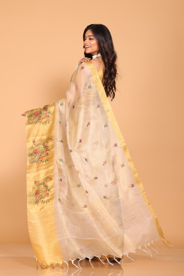 Morchari Kota Gold Zari Tissue Embroidery Saree - Gold - Distacart