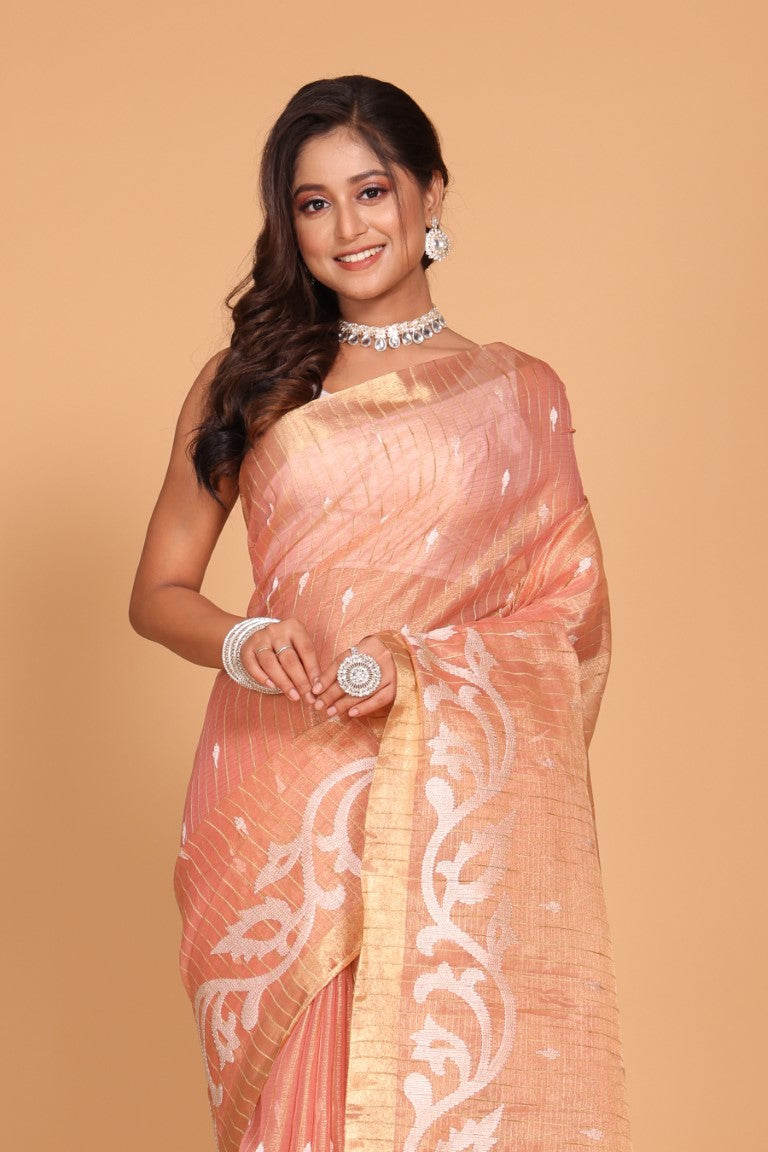 Morchari Kota Zari Stripe Embroidery Saree - Pink - Distacart