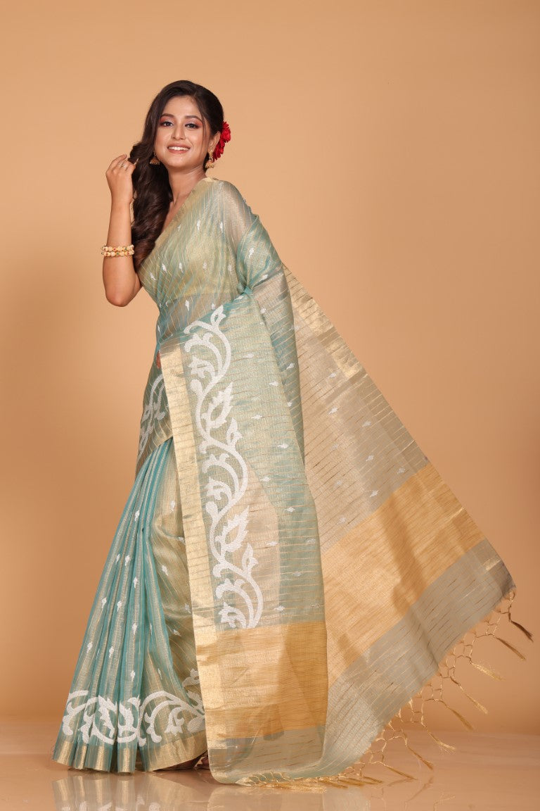 Morchari Kota Zari Stripe Embroidery Saree - Sky Blue - Distacart