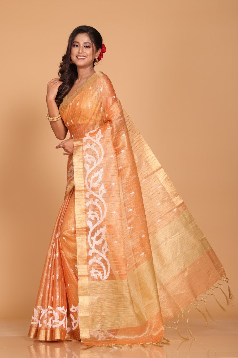 Morchari Kota Zari Stripe Embroidery Saree - Orange - Distacart