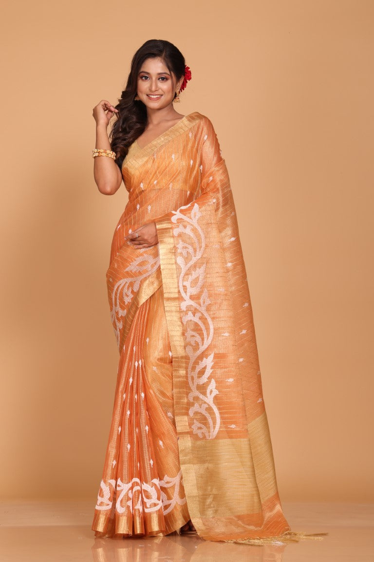 Morchari Kota Zari Stripe Embroidery Saree - Orange - Distacart