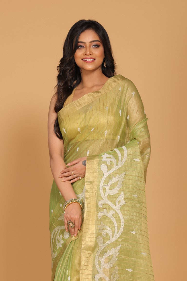 Morchari Kota Zari Stripe Embroidery Saree - Green - Distacart